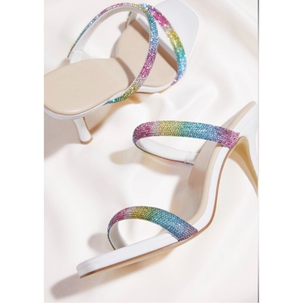 NIB Just Fab White Rainbow Rhinestone Heeled Sandals | Barbiecore Soft Girl Glam - Picture 2 of 8